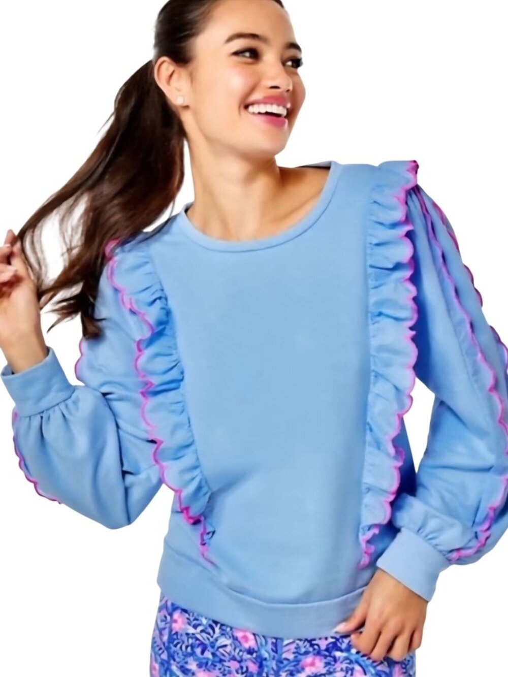 Lilly Pulitzer Suzy Sweatshirt Blue Pink Trim Ruffled Size M
